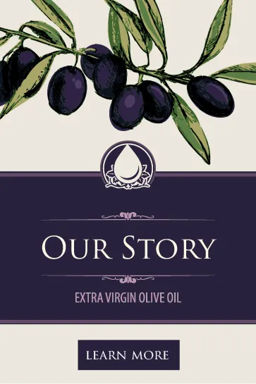 Illustrated olive branch with dark olives above a banner reading ‘Our Story – Extra Virgin Olive Oil,’ with a Learn More button