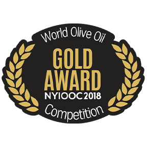 World Olive Oil Competition Gold Award badge from NYIOOC 2018, featuring a black and gold emblem with laurel wreaths
