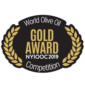 World Olive Oil Competition Gold Award badge from NYIOOC 2019, featuring a black and gold emblem with laurel wreaths