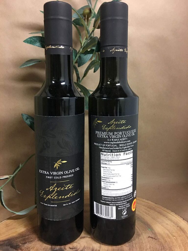 Front and back view of two dark glass bottles of Azeite Esplêndido premium Portuguese extra virgin olive oil, showing branding, label details, and nutrition facts.