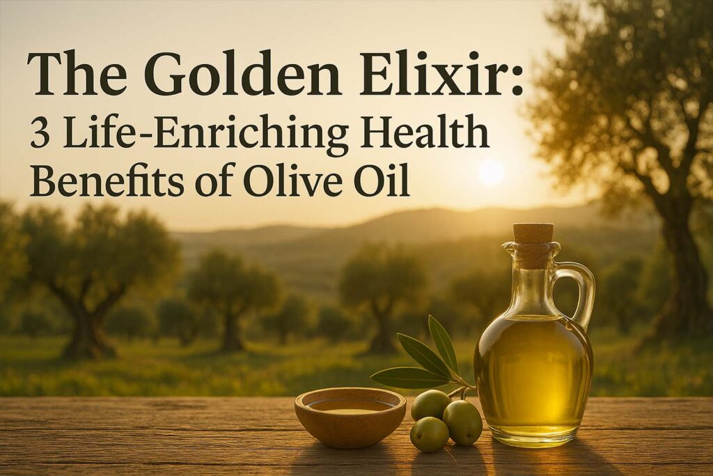 Glass bottle of golden olive oil with olives on a wooden table at sunset in an olive grove, illustrating the health benefits of olive oil.