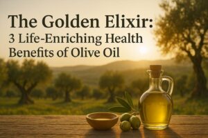 Glass bottle of golden olive oil with olives on a wooden table at sunset in an olive grove, illustrating the health benefits of olive oil.